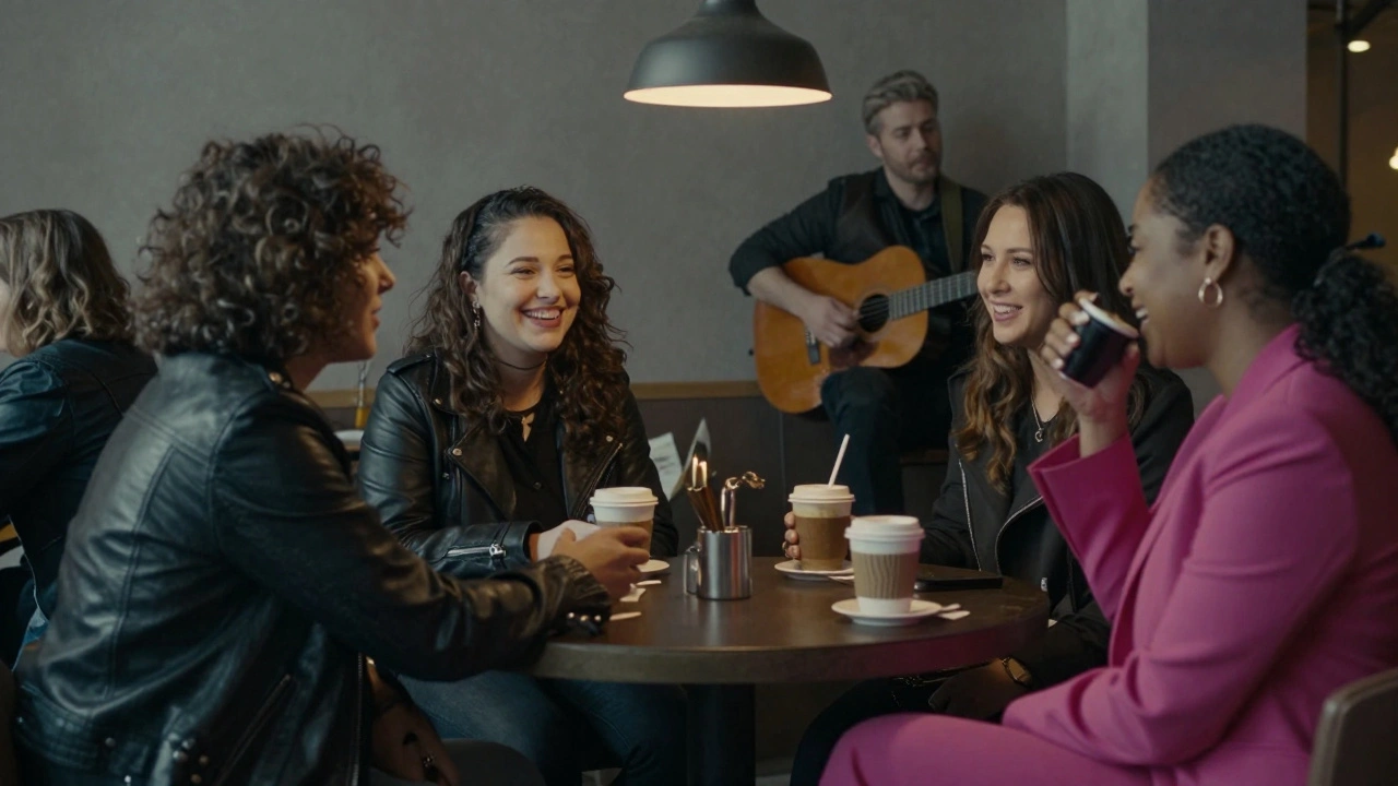 Alli Starr and a guest musician share a quiet moment in the venue lounge after a show, no audience, just conversation.