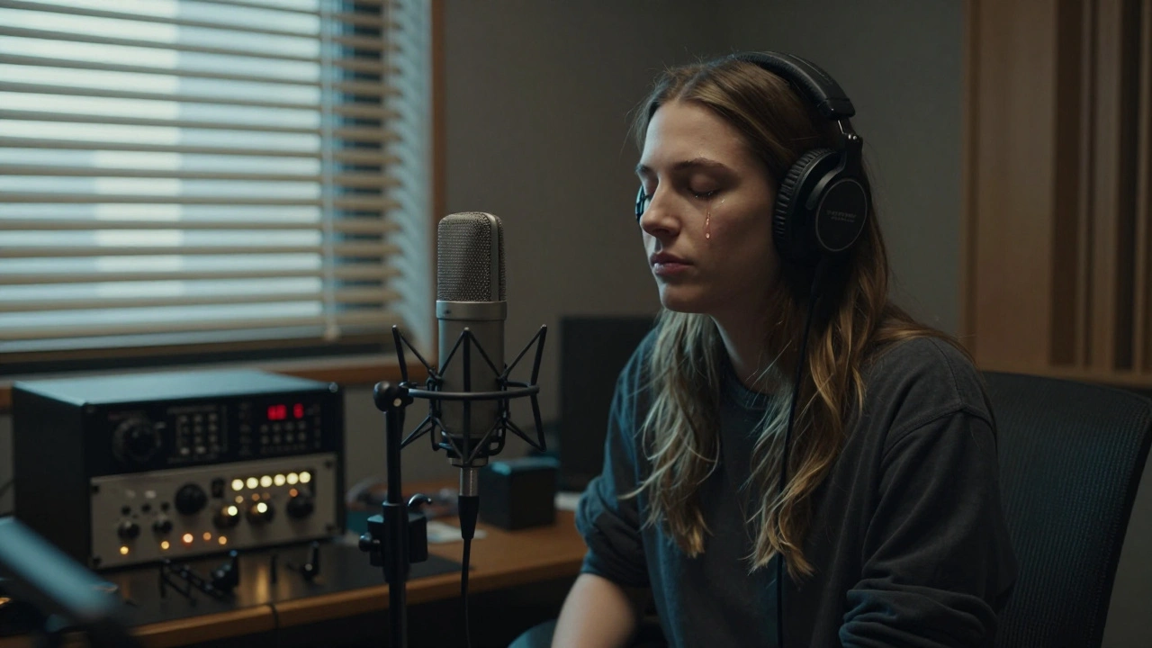 Alli Starr in a studio booth, headphones on, tear on cheek, recording a raw vocal take with warm morning light filtering through blinds.