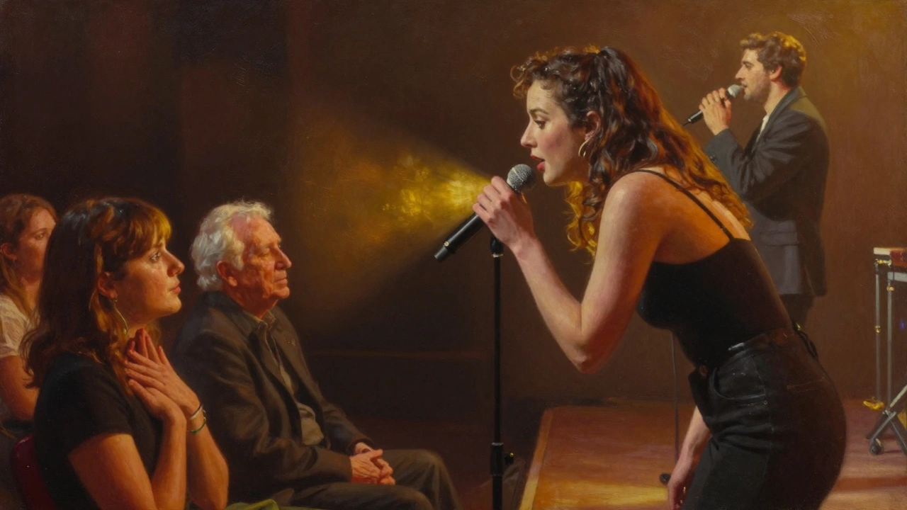 Alli Starr leaning into her mic as the lead singer turns away, golden harmonies connecting her to the emotional audience.