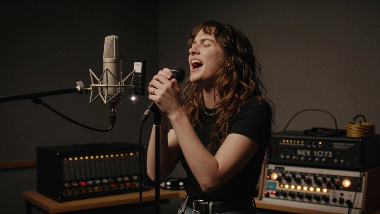 Alli Starr performing in a studio with Shure SM7B and Cloudlifter CL-1, analog gear glowing softly in the background.