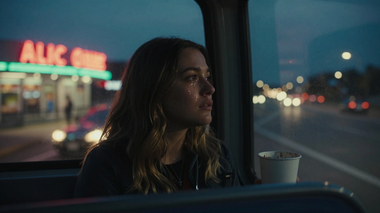 Alli Starr staring out a tour bus window at 3 a.m., tears on her face, city lights blurred outside.