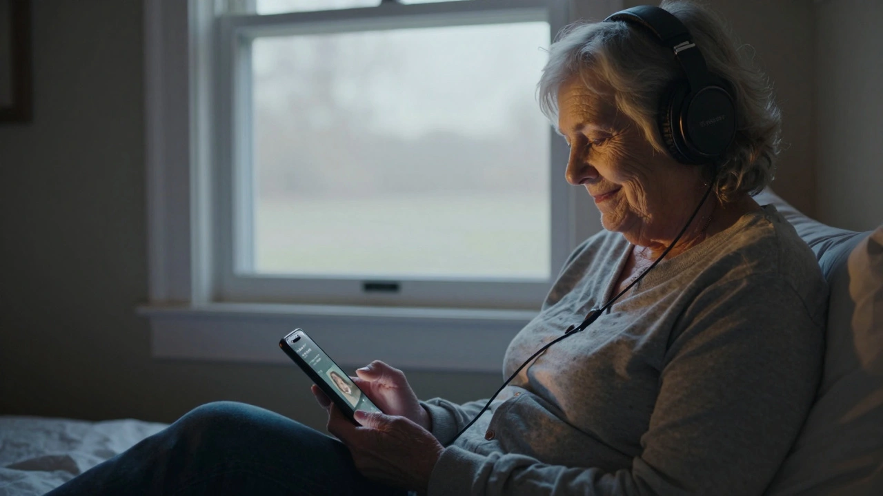 An elderly woman listening to Alli Starr's music by a sunlit window, headphones on, peaceful expression, no device screen visible.