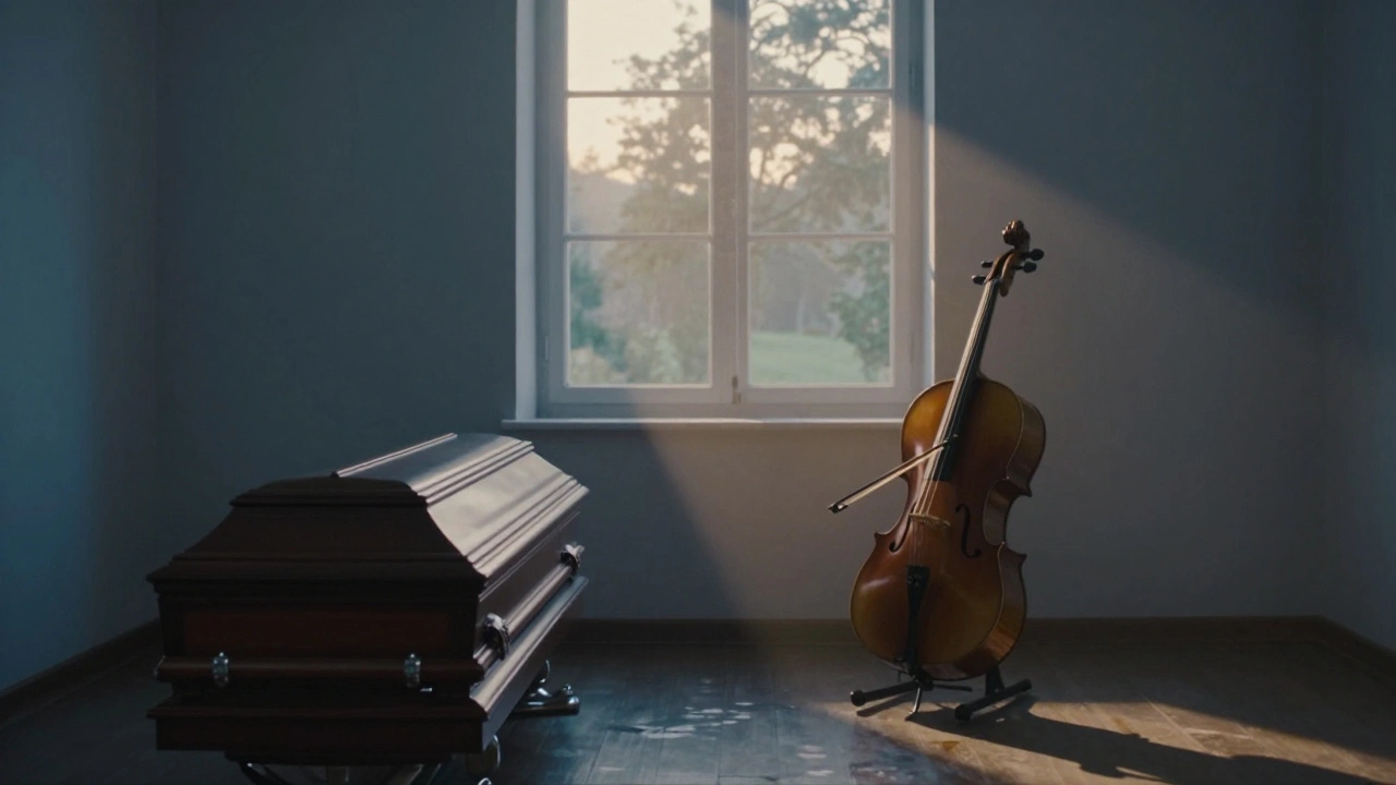 An empty chapel at dusk, a violin bow resting on a cello, sunlight casting a solitary beam across the floor.