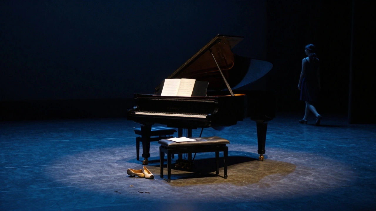 An empty stage with a piano, a handwritten letter, and faint footprints leading away — silence after the final note.