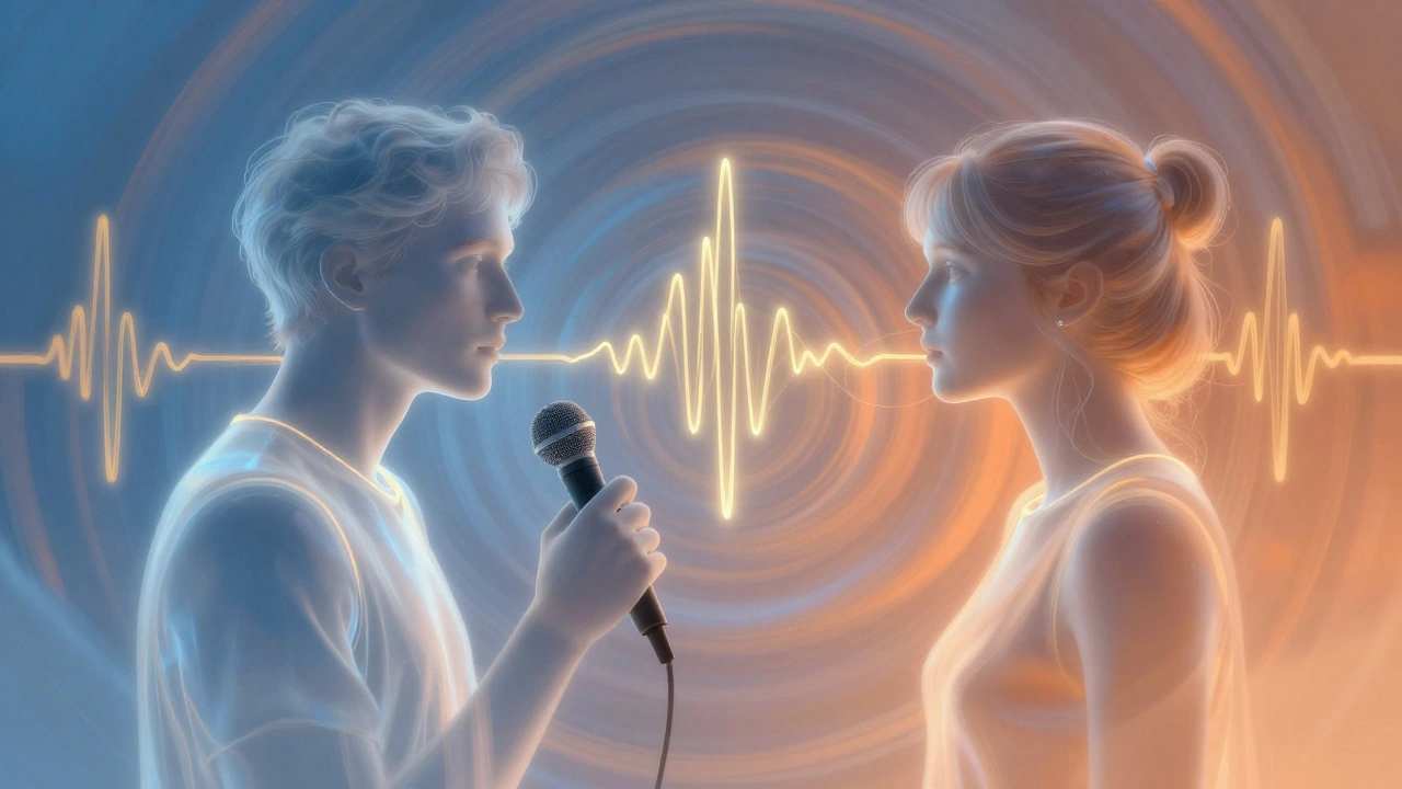 Artistic rendering of two people connected by glowing musical sound waves.
