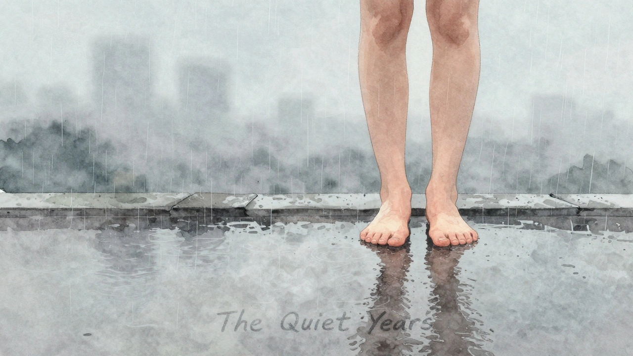 Bare feet on a rainy sidewalk at dawn, symbolizing quiet emergence and personal renewal.