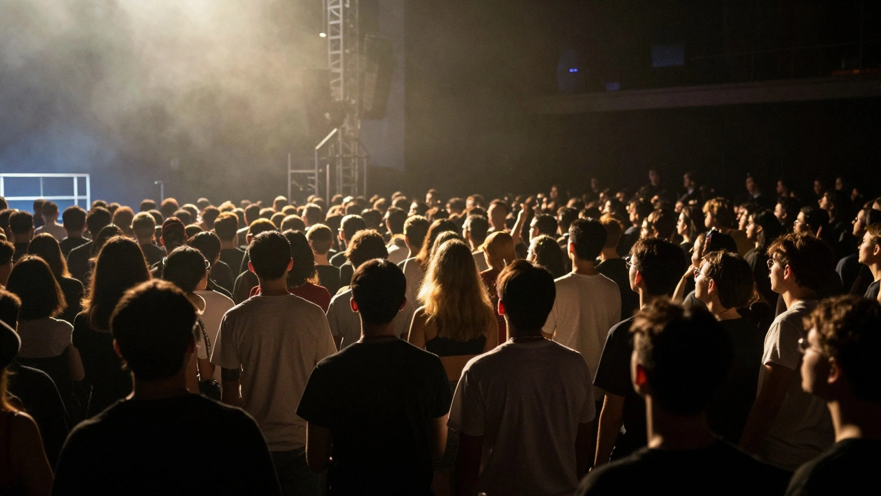 Concert crowd with a small group highlighted in golden light