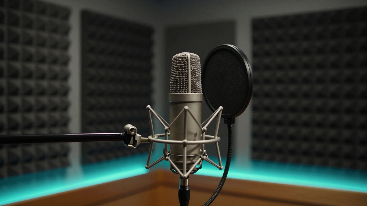 Condenser microphone in treated recording booth with lighting