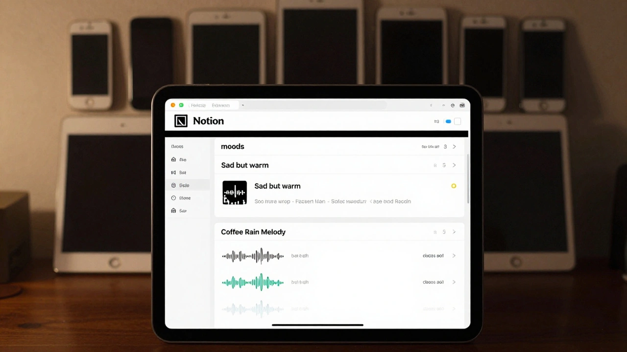 Digital archive of song drafts in Notion, labeled by mood and linked to audio snippets.
