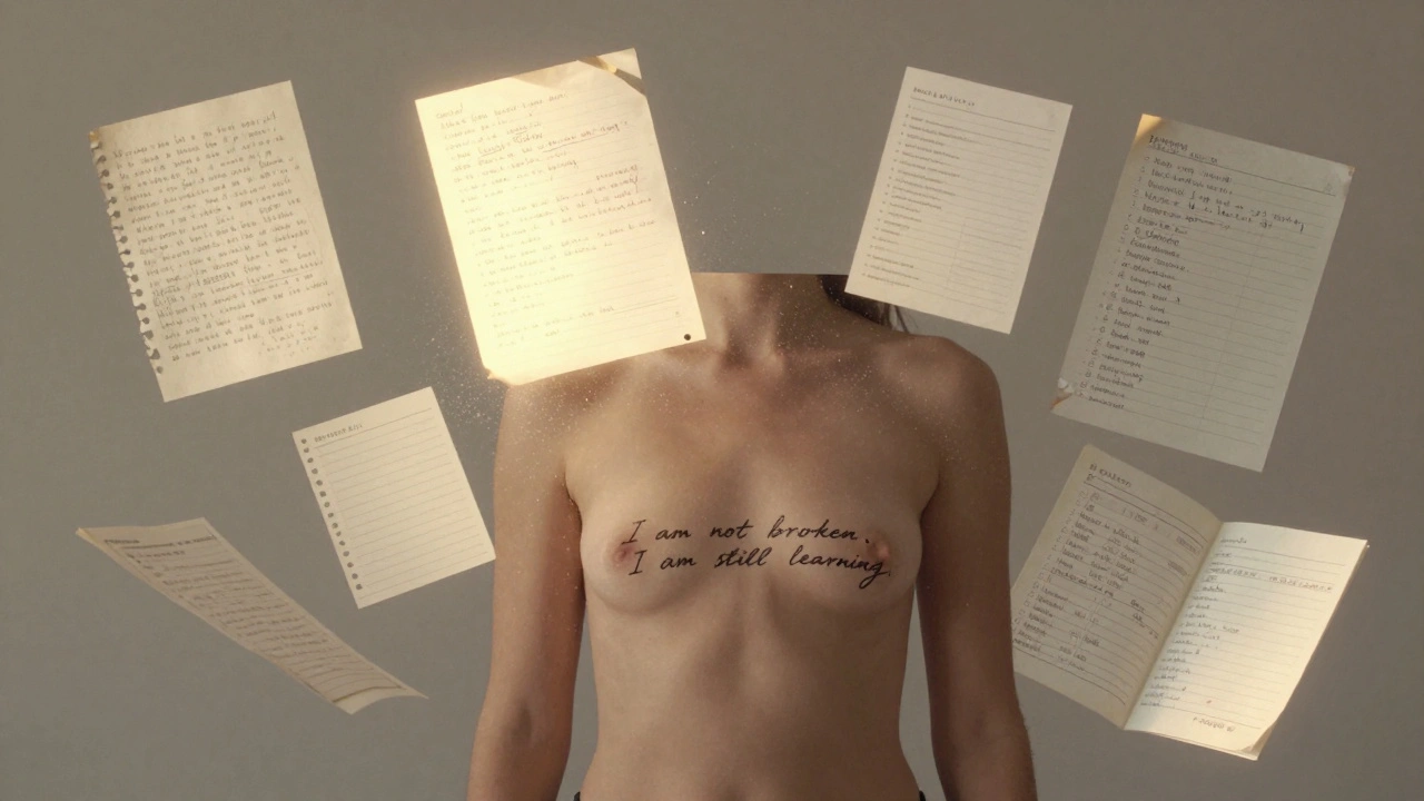 Floating handwritten memories glow in the air as a tattoo of 'I am not broken' glows on a young woman's skin.