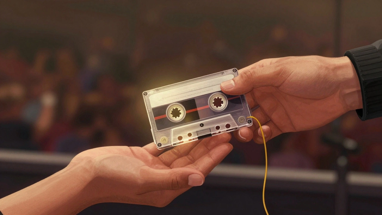 Hands exchanging a glowing demo tape connected by a golden thread