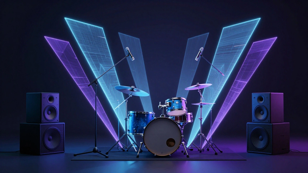 Musical instruments surrounded by holographic light beams on stage.