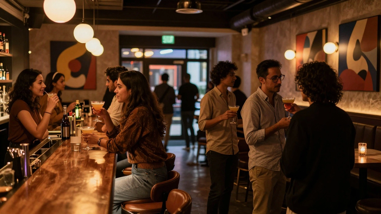 Patrons socializing at a mid-sized club bar during intermission.