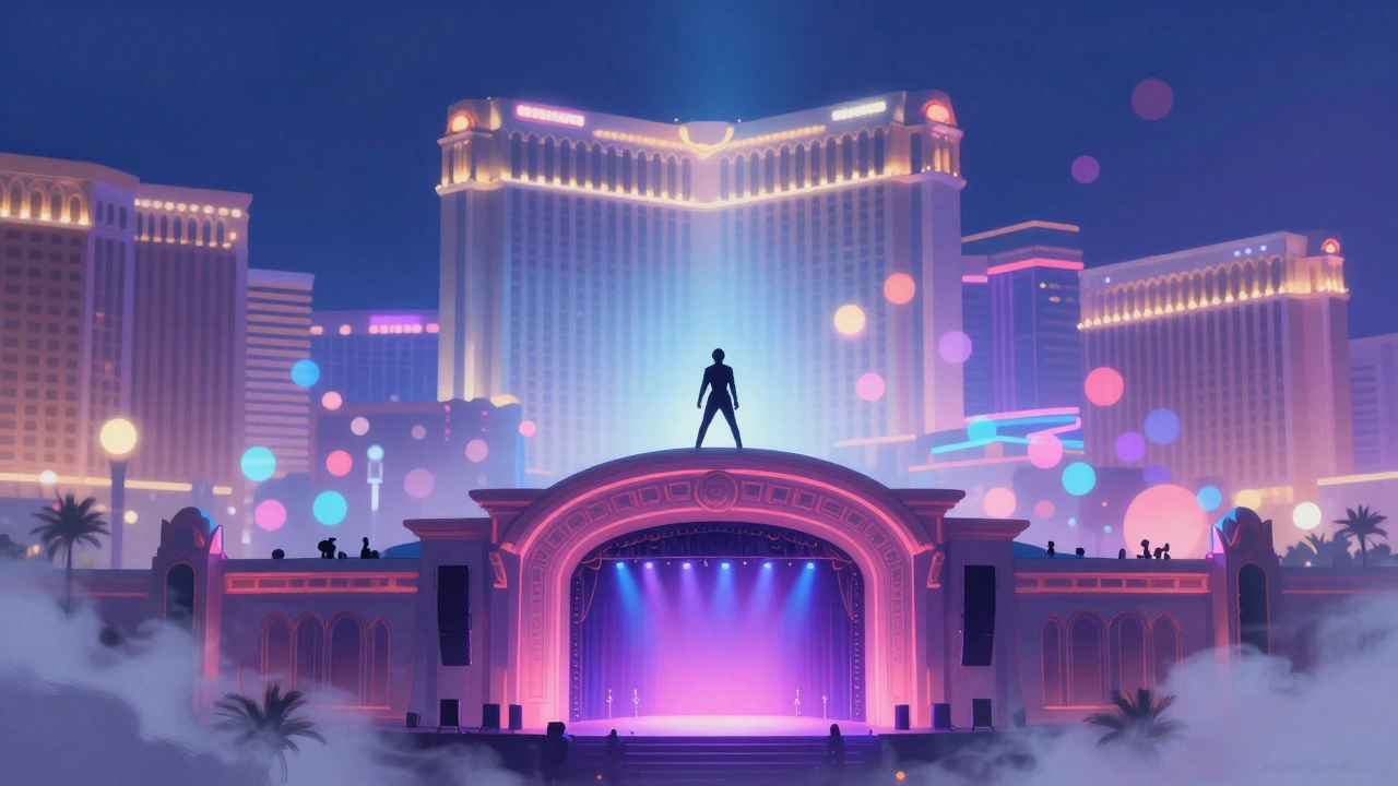Performer silhouette against glowing Las Vegas skyline
