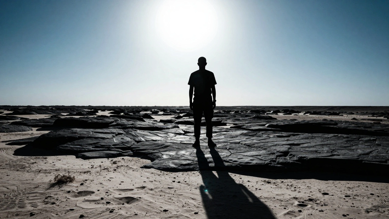 Silhouette of person against bright sun with long shadow on sand.