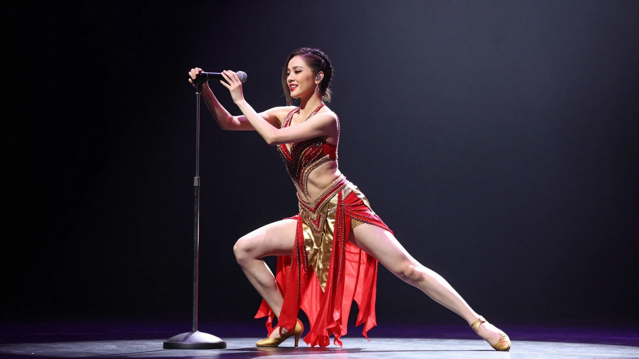 Singer performing dance move on stage with microphone