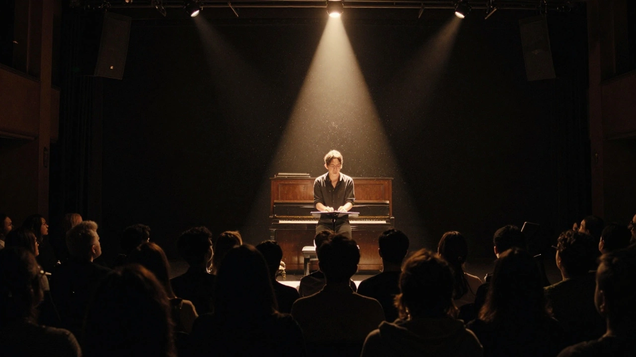 Solo musician performing on piano stage with shadowy audience watching.