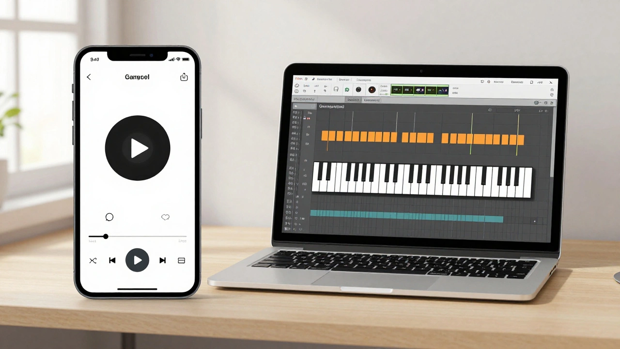 Split-screen of a voice memo being recorded and turned into a demo using GarageBand on a tablet.