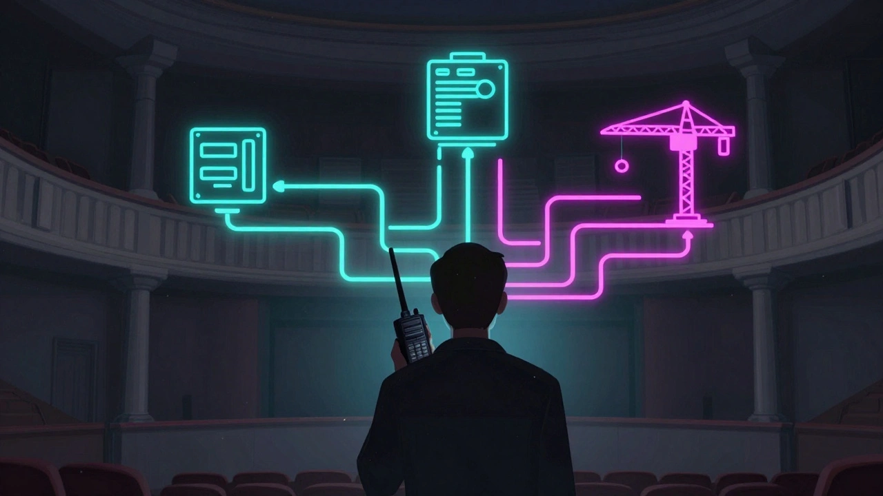Stylized illustration of stage management network and communication links