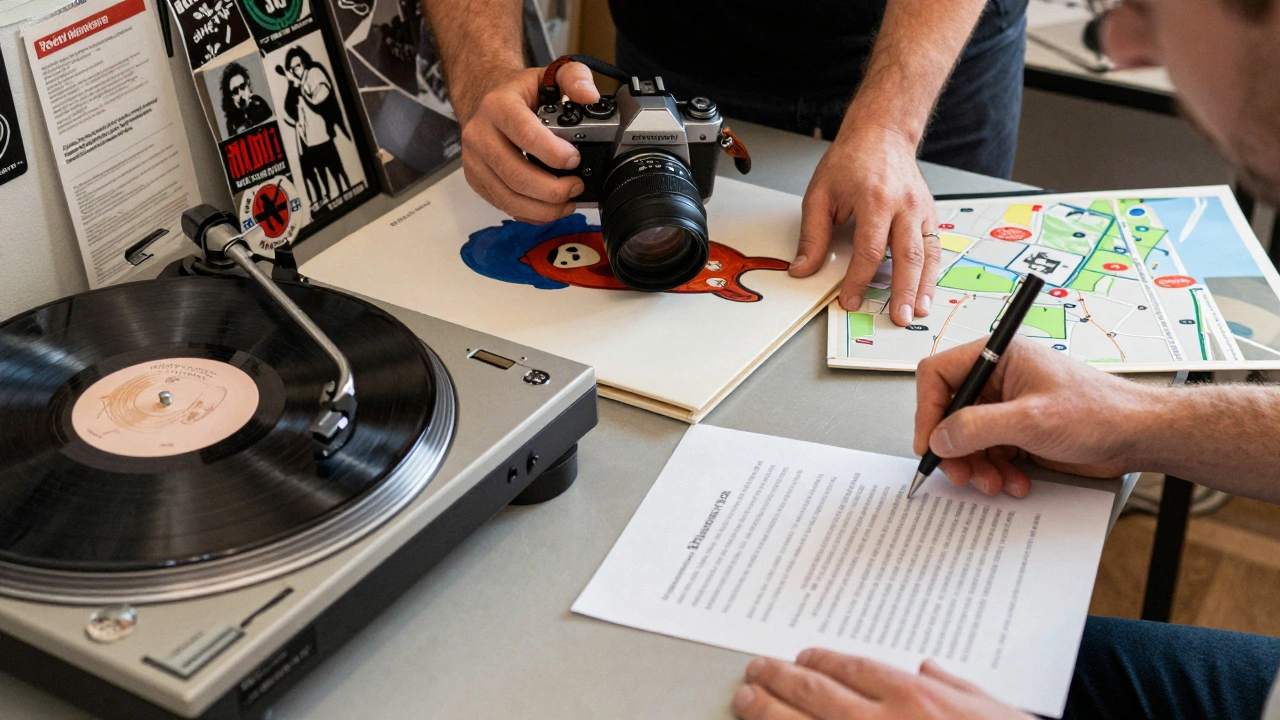 Three hands collaborating on vinyl, film photography, and a simple contract in a cluttered creative workspace.