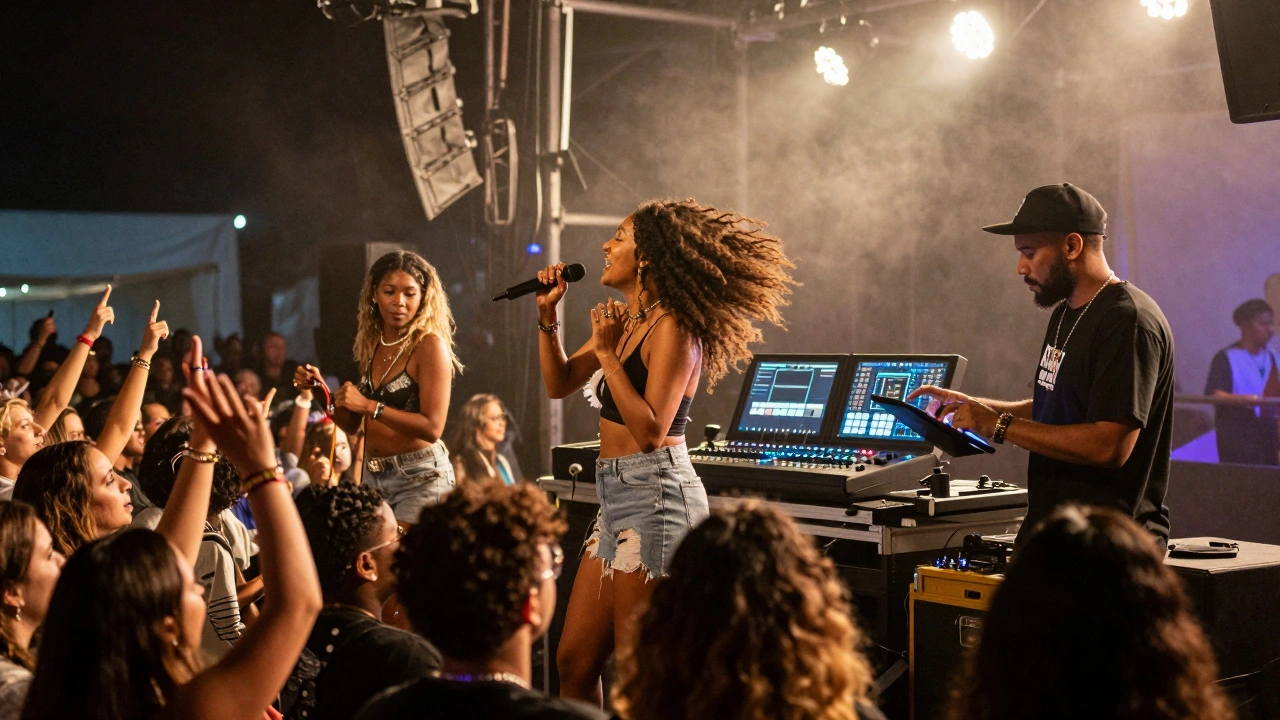 Three women performing on stage at Afropunk Festival, with an engineer working behind the scenes under vibrant stage lights.