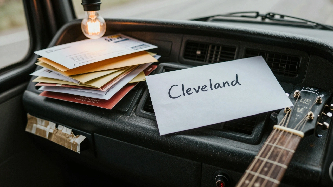 Tour bus dashboard with fan letter and vocal lozenges, duct-taped guitar strap in foreground.