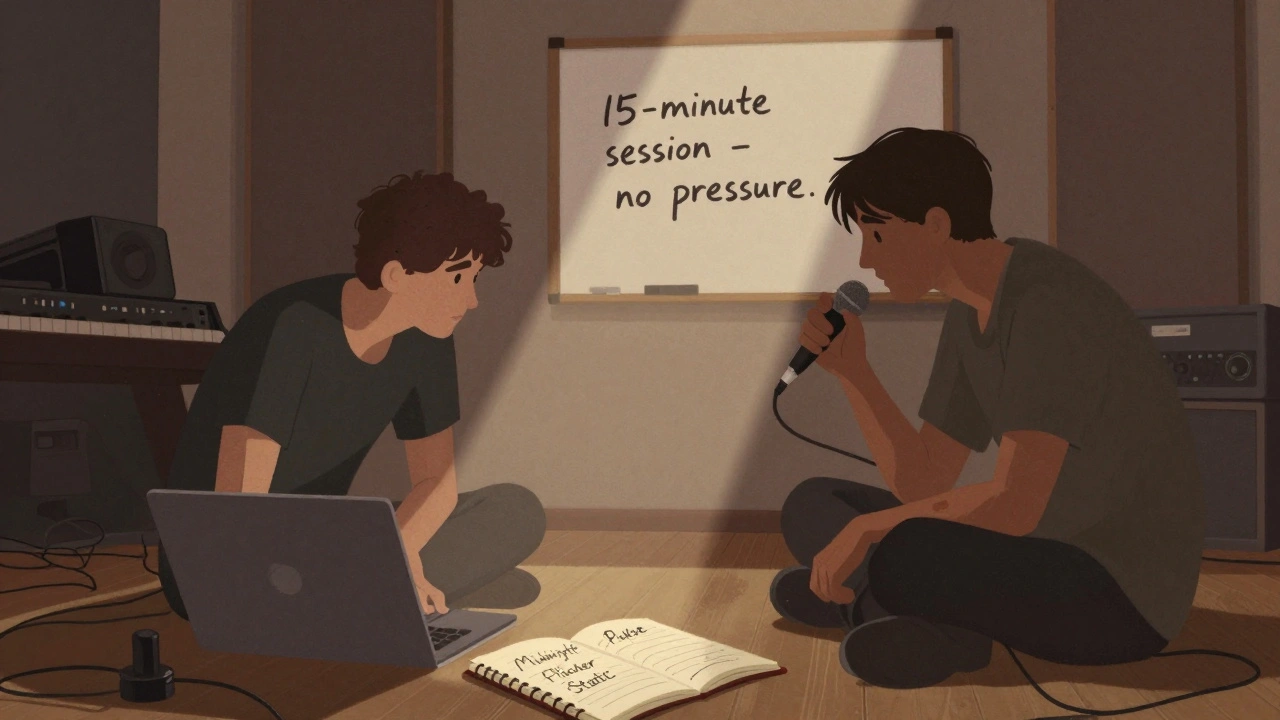 Two artists collaborating in a dim studio, one adjusting a mic as they listen to a shared track, with song titles visible on a whiteboard.