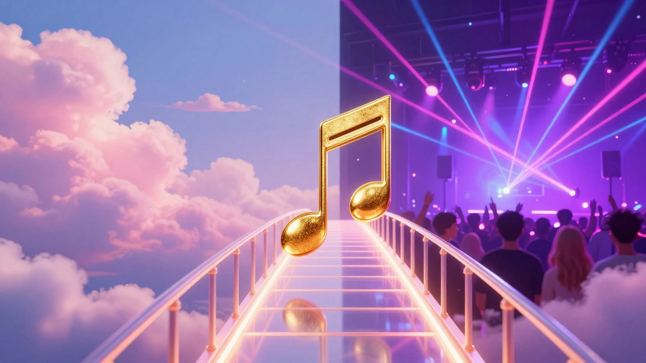 A conceptual bridge connecting a pastel pop world to a neon electronic club scene