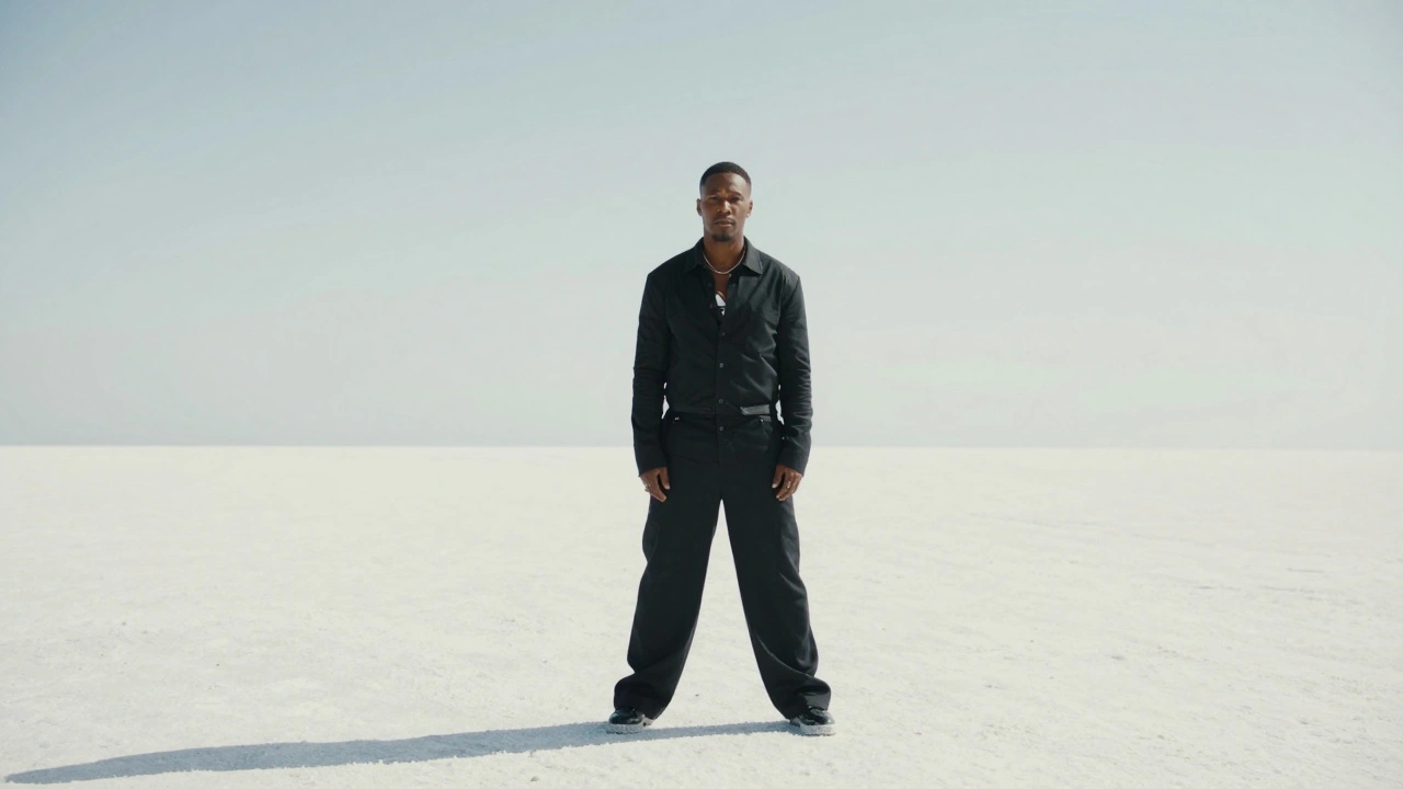 A confident artist standing in the center of an infinite white salt flat under a clear sky.