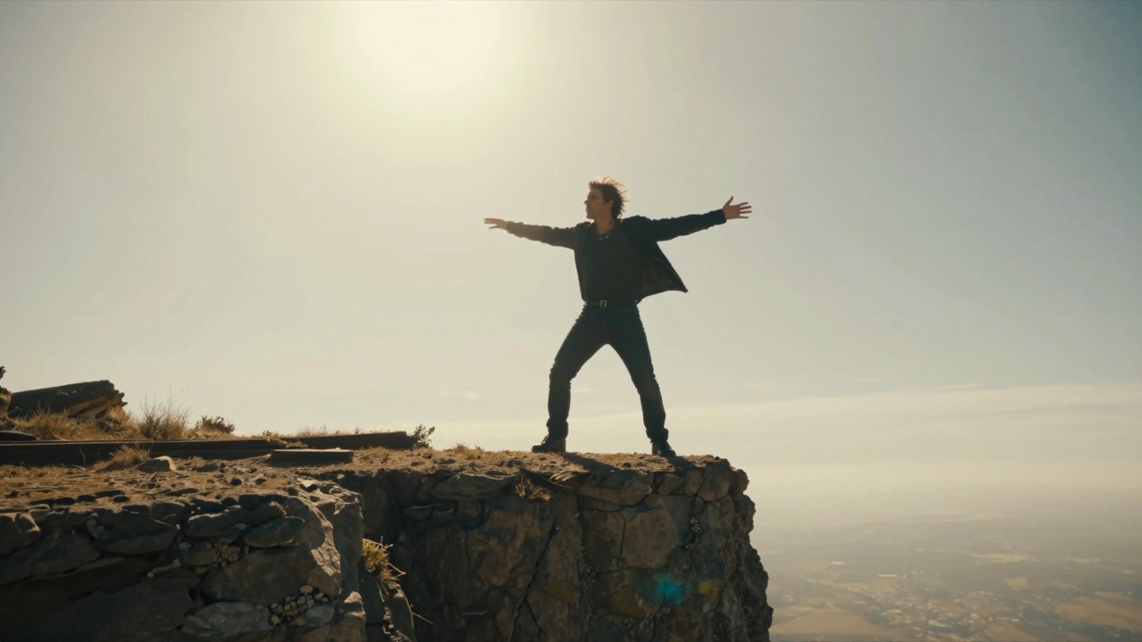A confident person standing on a wide, sunlit cliffside viewed from a powerful low angle.