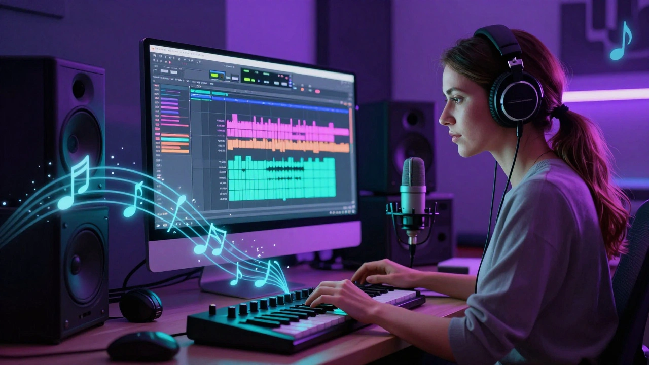 A female producer working with a DAW and MIDI controller in a neon-lit studio.