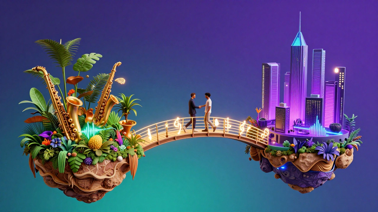 A glowing musical bridge connecting a jazz garden and a hip-hop city