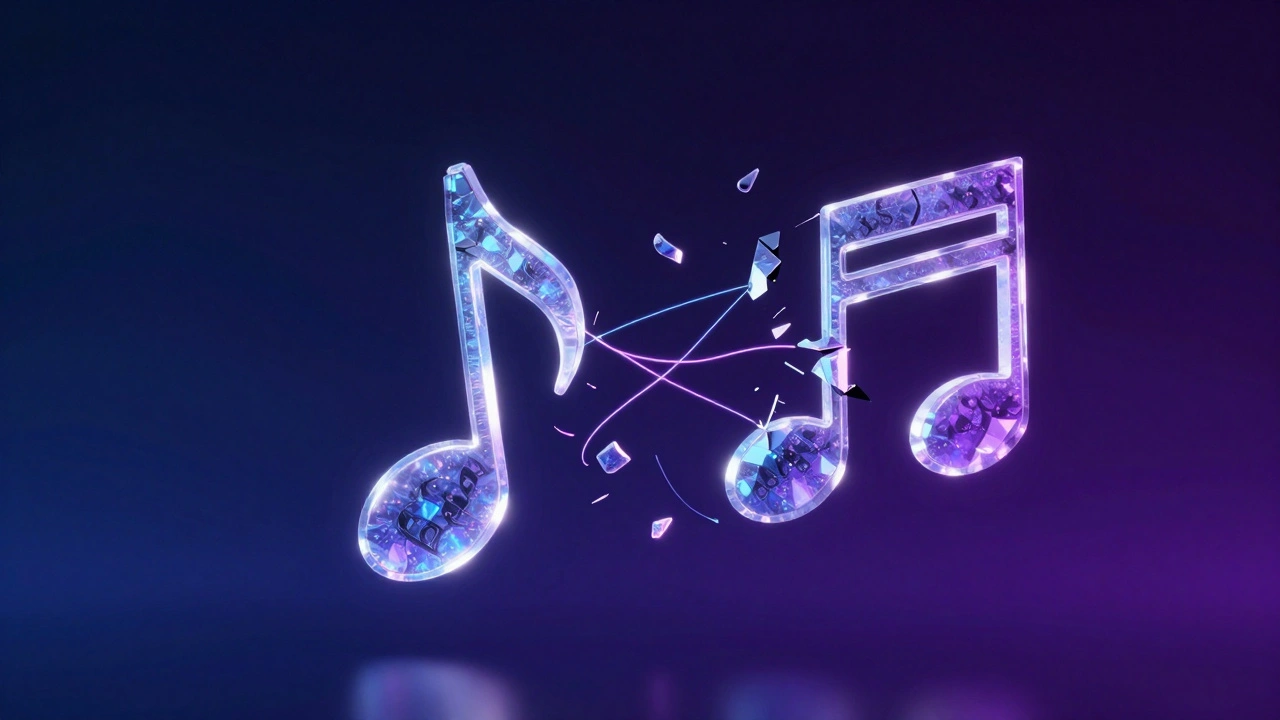 A glowing musical note splitting into two distinct fragments in a dark void