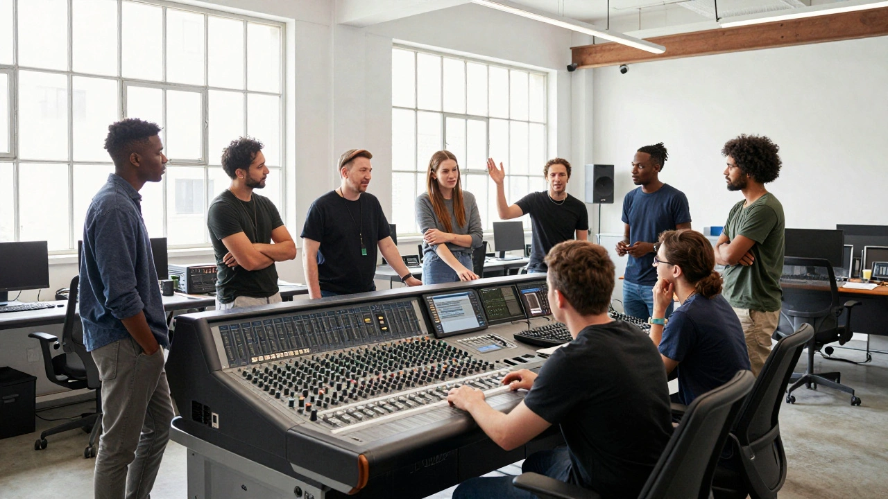 A group of music producers collaborating around a professional mixing console