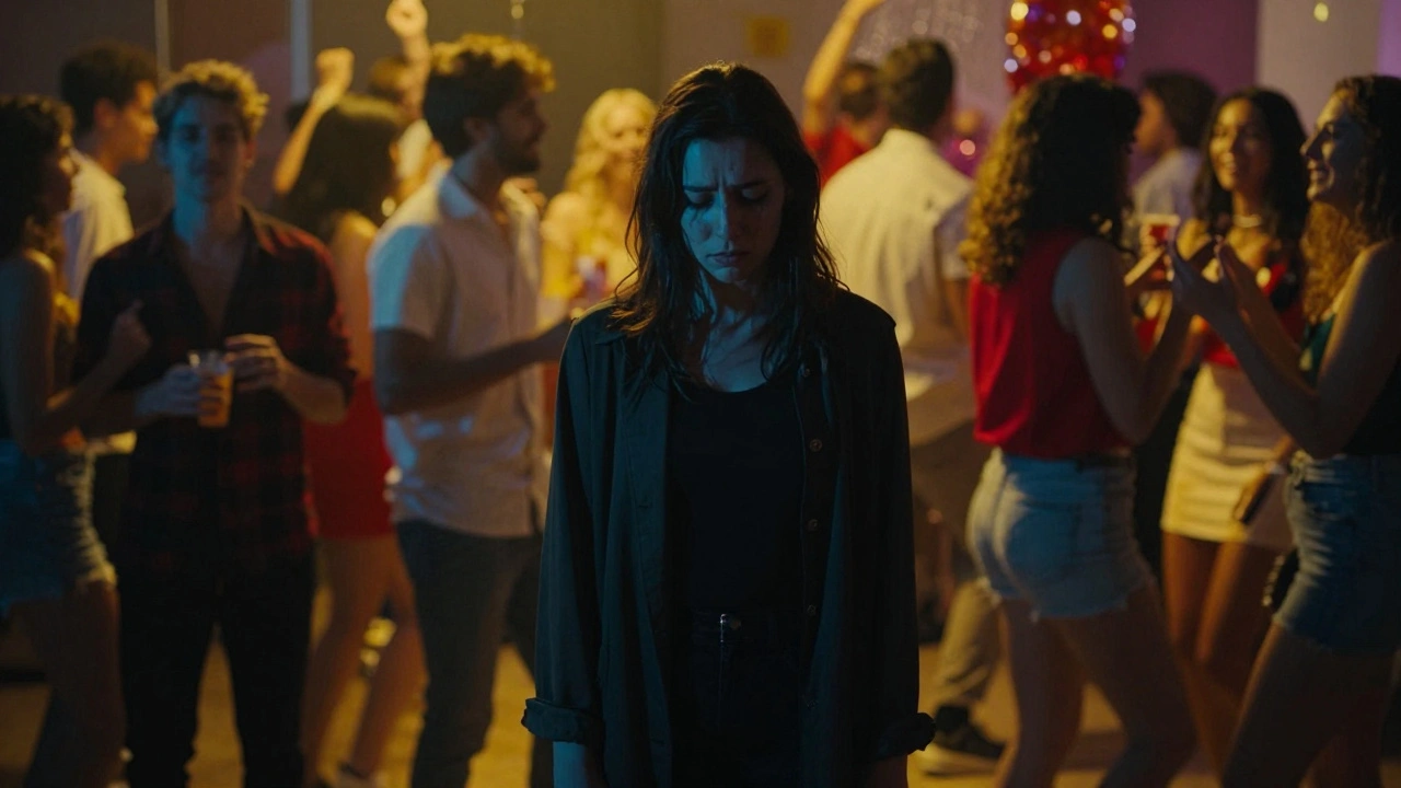 A lonely person in blue shadows surrounded by a blurred, colorful party crowd