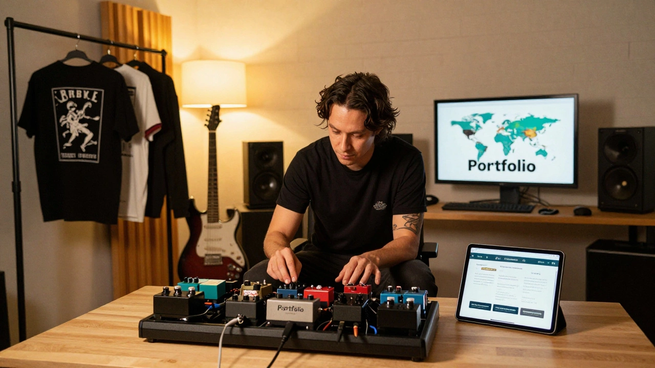 A musician's studio featuring a custom guitar pedal and co-branded apparel.