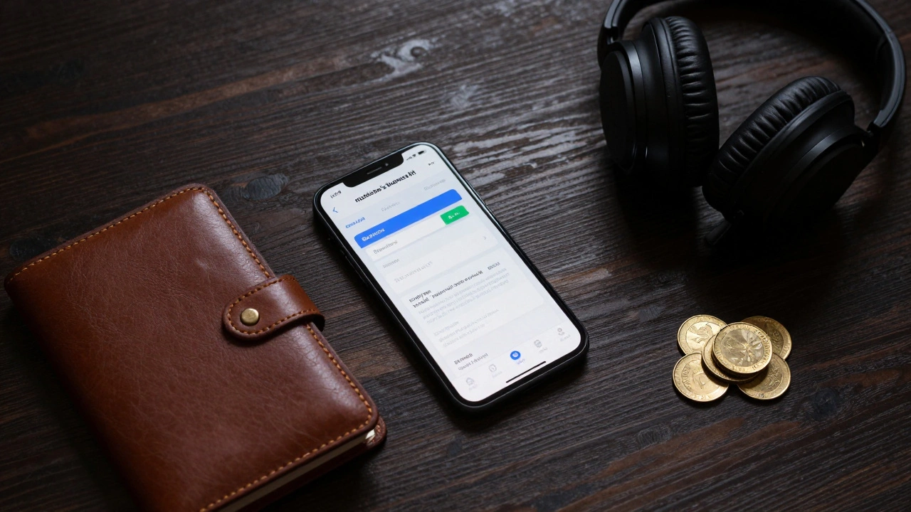 A professional arrangement of a banking app, ledger, and headphones on a wooden table