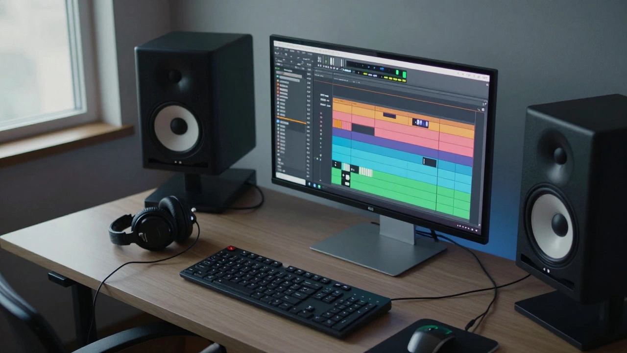 A professional home studio setup with a DAW showing multiple audio stems on a monitor