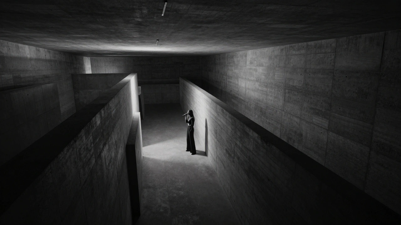 A singer at the end of a monolithic Brutalist concrete hallway with dramatic lighting.