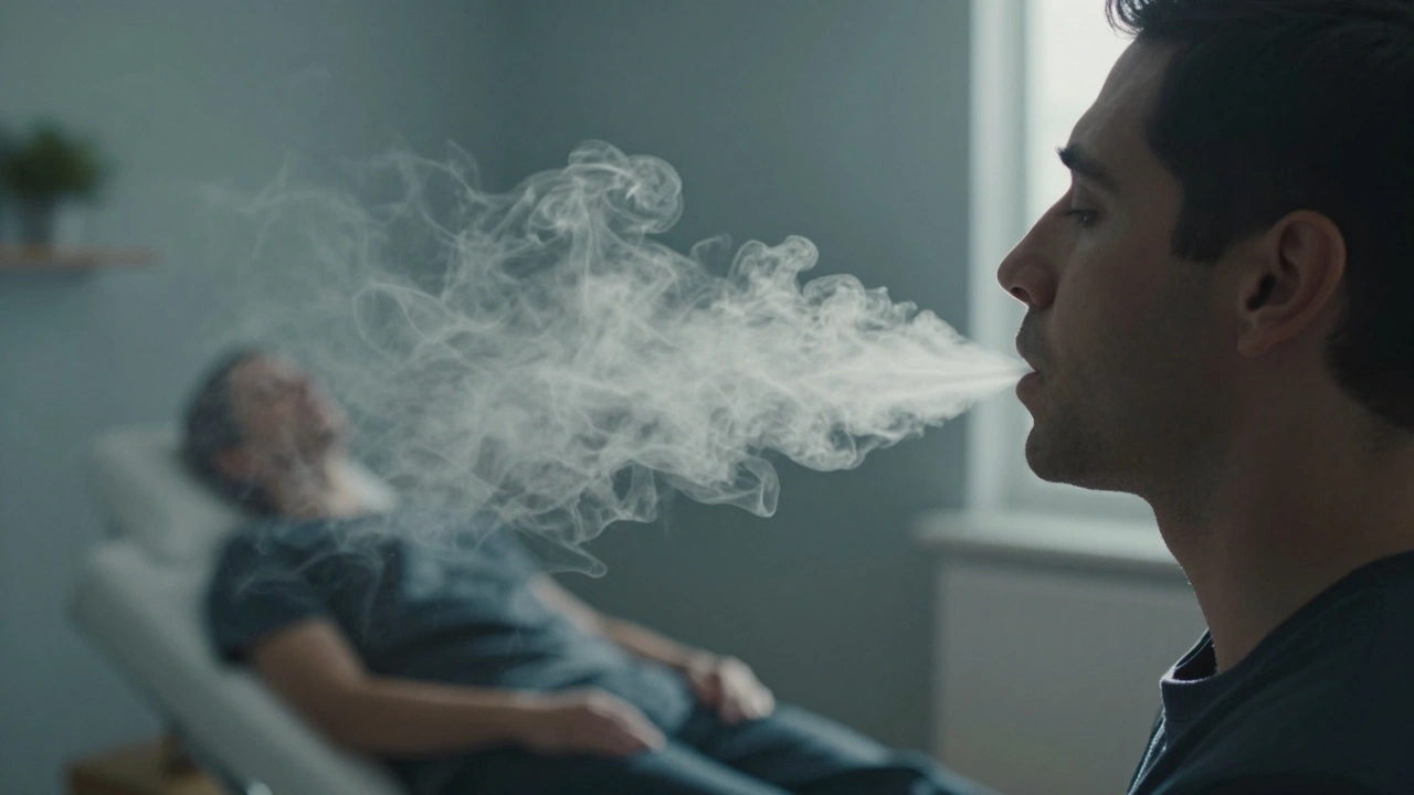 A steam inhaler emitting mist in a dimly lit dressing room for vocal recovery