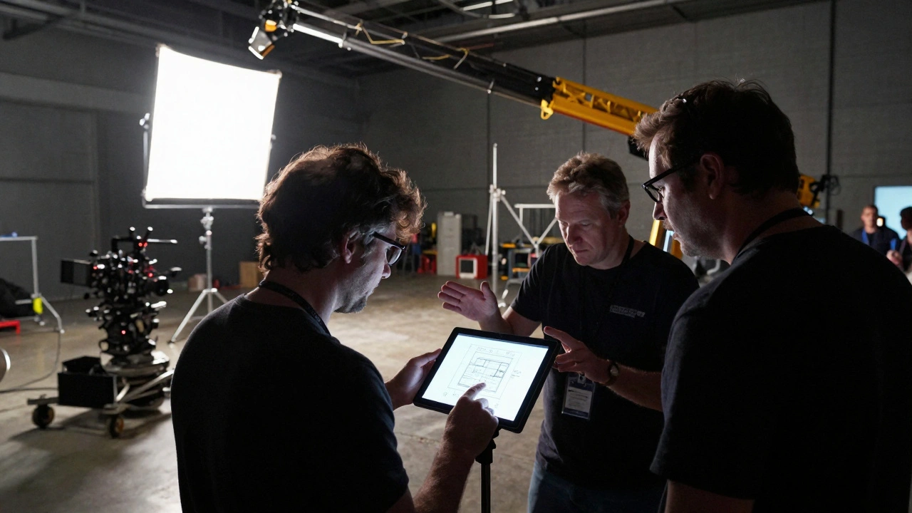 A storyboard artist, director, and DP collaborating on a movie set while looking at a tablet