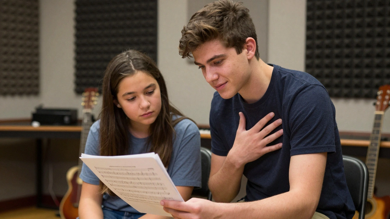 A teenage mentor teaching a younger student breathing techniques in a music studio