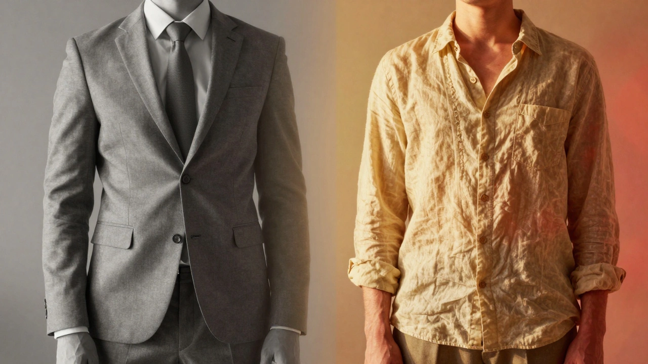 A visual transition from a grey-toned person in a tight suit to a vibrant person in a loose linen shirt.