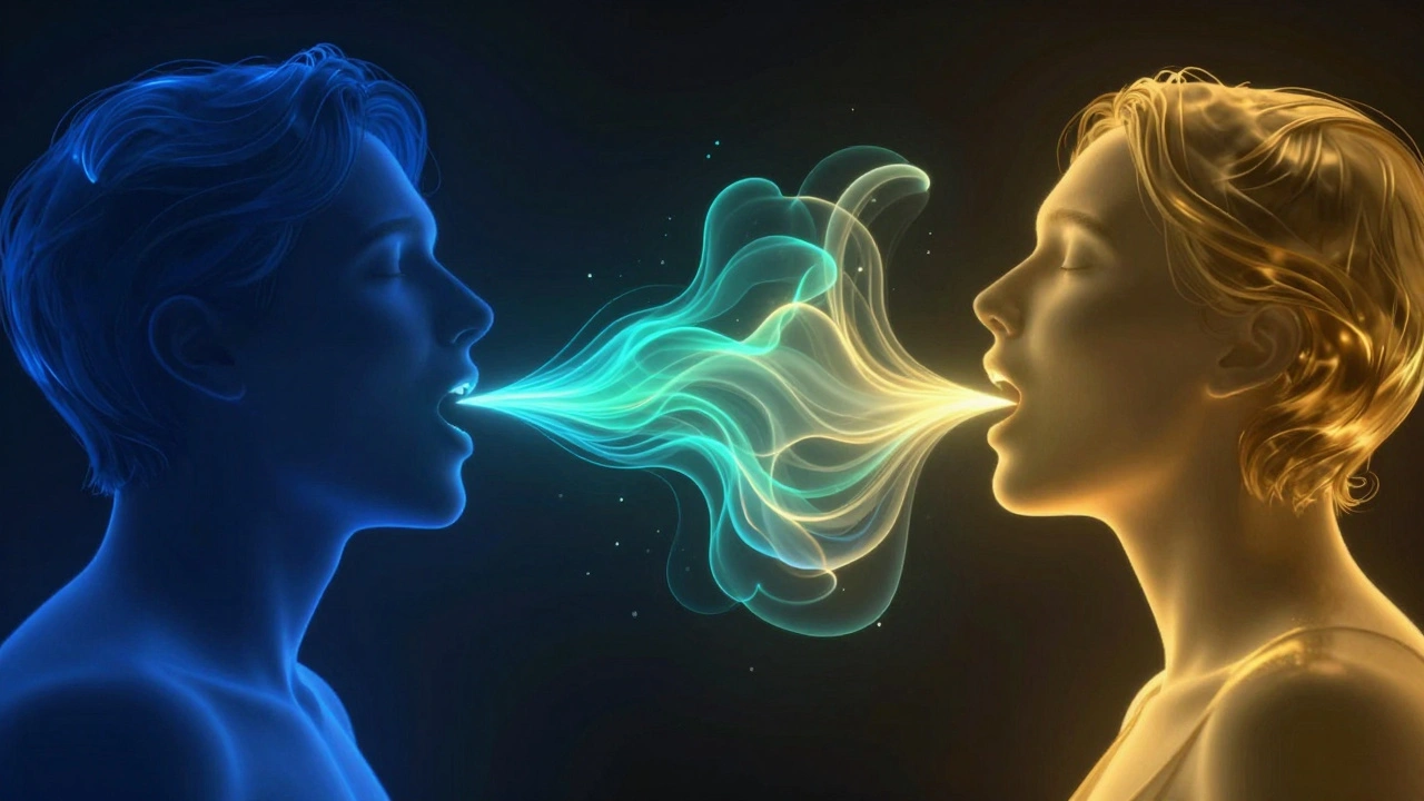 Abstract illustration of two voices merging into a seamless gradient of light and color