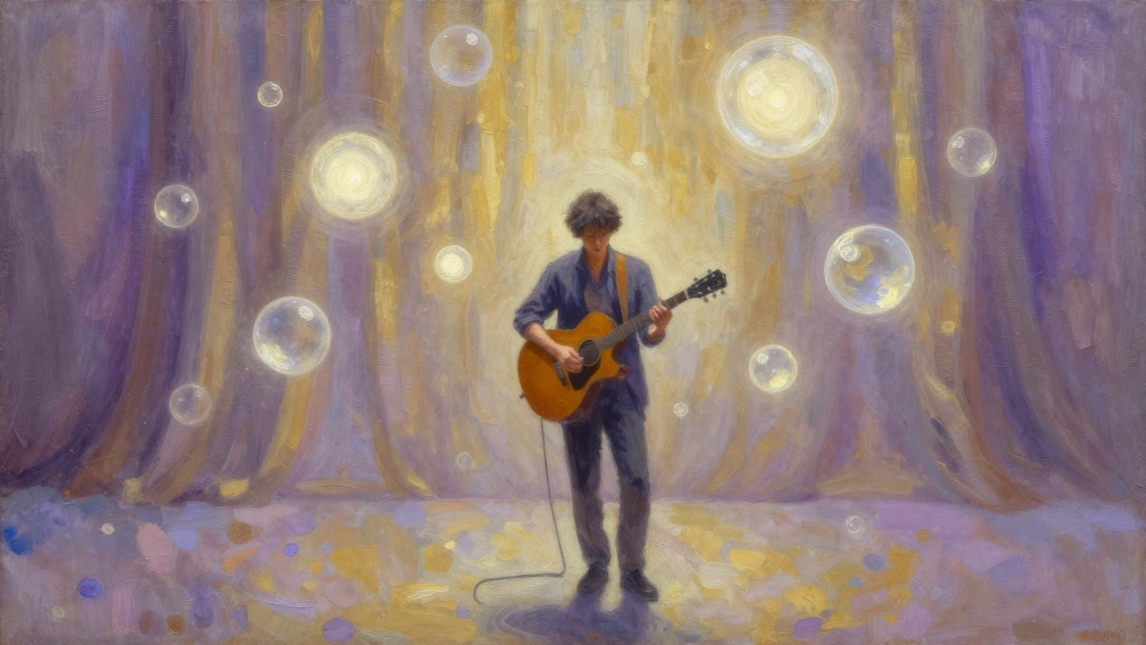 Abstract painting of a musician surrounded by glowing spheres representing energy levels.