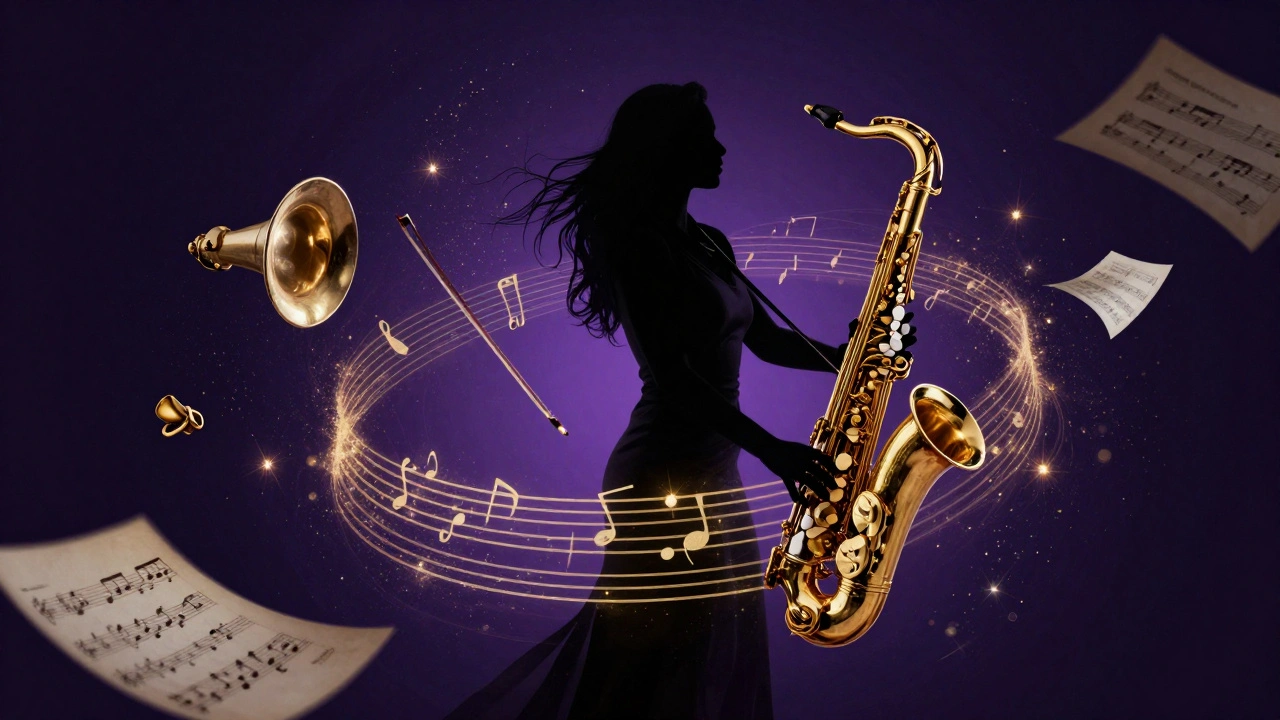 Abstract representation of a jazz singer surrounded by orchestral instruments and musical notes.