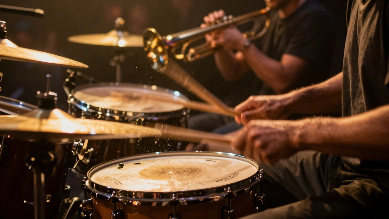 Action shot of a drummer's hands hitting a snare drum with golden stage lighting.