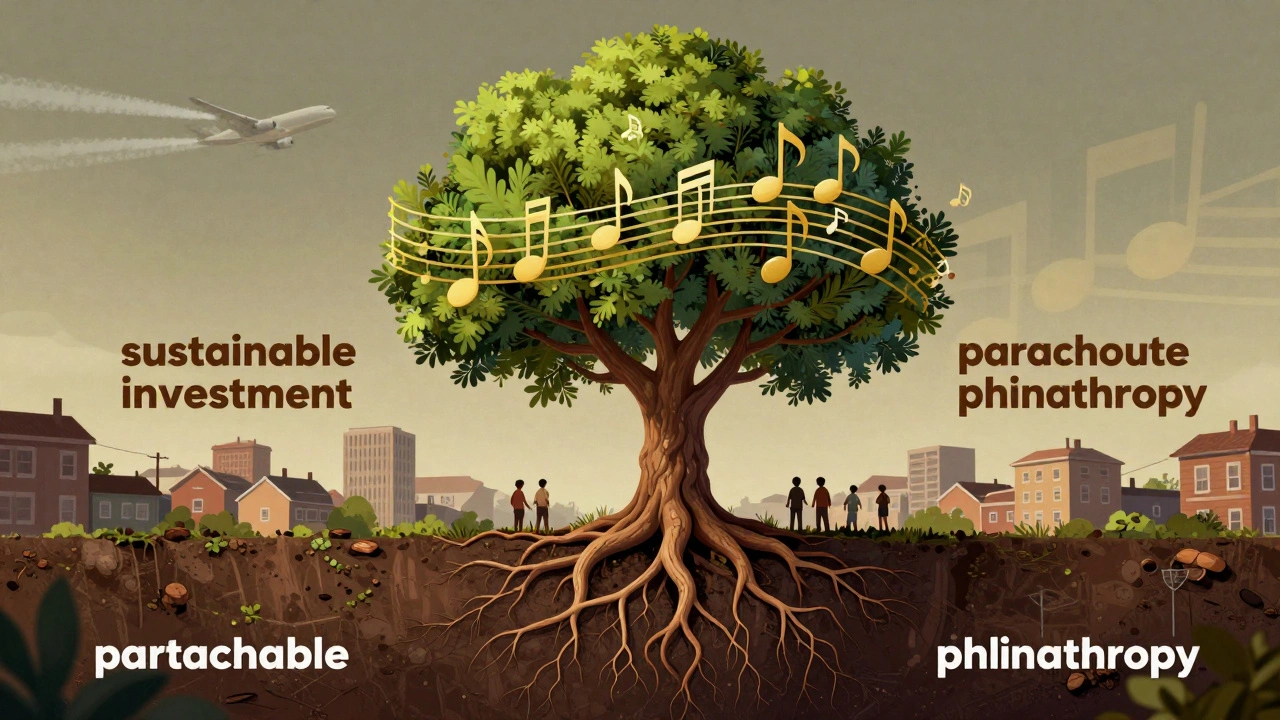 Artistic illustration of a musical tree rooted in a neighborhood, symbolizing sustainable growth.