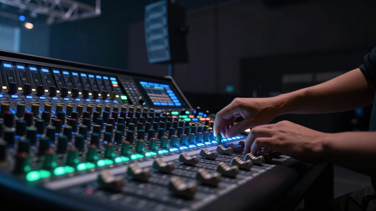 Close-up of a digital mixing console with illuminated faders in a dark venue.