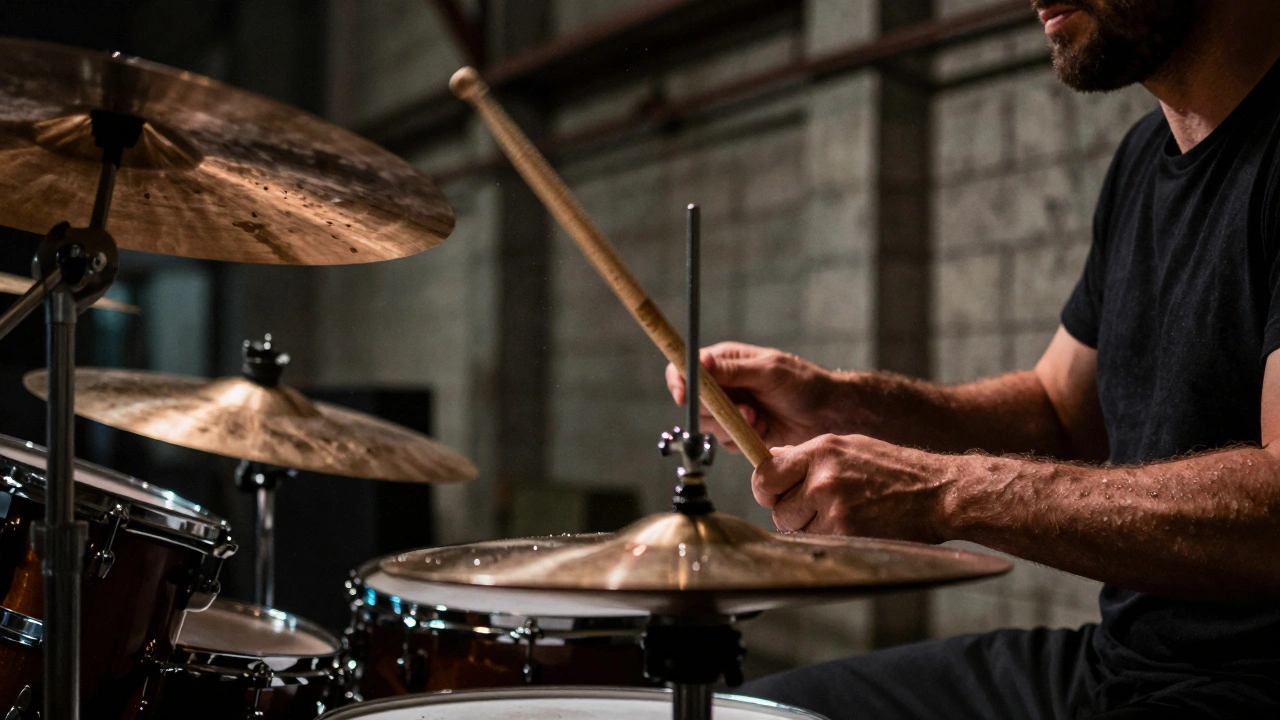 Close-up of a drummer striking a cymbal with power on an industrial stage.